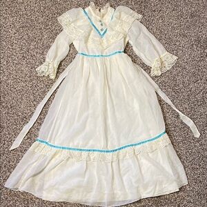 Vintage White and Blue Ruffled Tiered Bridal Gown